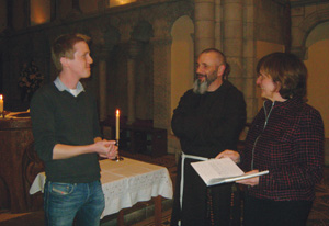 Ronan Holohan (left), Father Richard, and Sister Patricia O’Donovan of the chaplaincy team discuss a liturgy at University College Cork.
