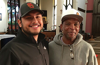 Jose Lopez (left)  with a friend at St. Boniface Church in San Francisco.