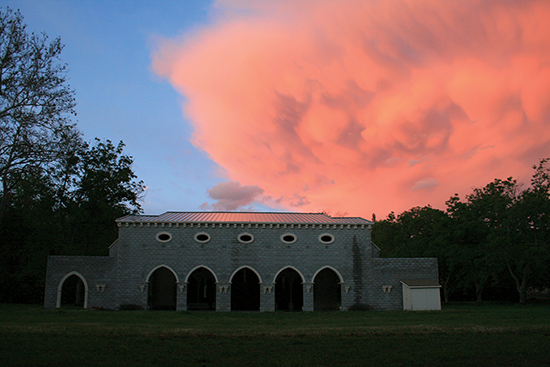 The exterior of the new church, built with the stones brought from Spain. Still to be constructed are the lobby, sacristy, and the connecting cloister. 