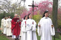 The nuns of Our Lady of the Mississippi Abbey, along with visitors who have joined them for Mass, celebrate Palm Sunday with an outdoor procession.